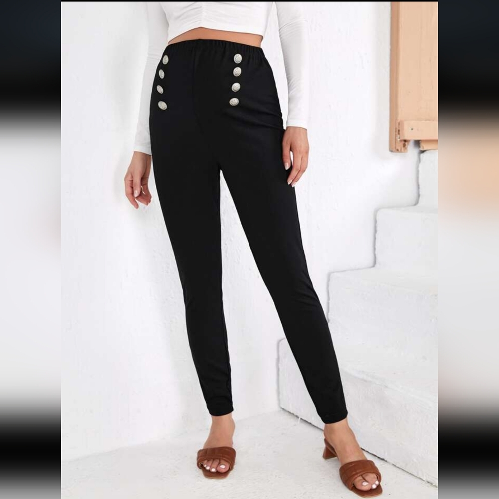 Black High-Waisted Button Detail Pants